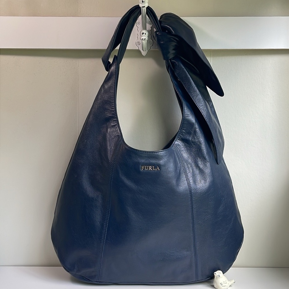 Furla Genuine Leather Hobo Shoulder Bag Navy